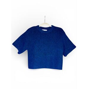 Zara Womens Royal Blue Cropped Alpaca Wool Blend Short Sleeve Ribbed Sweater - M